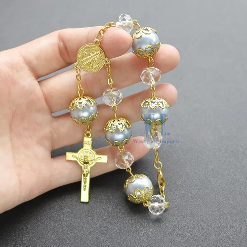 Miniatura 5 de Rosario de la década de la década de perlas de imitación azul, 12 unidades, para bautizo/bautizo/boda/recuerdos de membrillo mis / bautizo