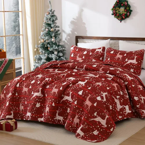 Miniatura 7 de Dinjoy Juego de edredón floral a cuadros de retazos tamaño California King, juego de ropa de cama reversible marrón de microfibra suave, colcha