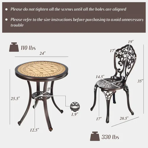 Miniatura 5 de Tangkula Juego de 3 piezas de patio bistró, juego de mesa y sillas de aluminio fundido para exteriores, mesa redonda de bistró y sillas para porche