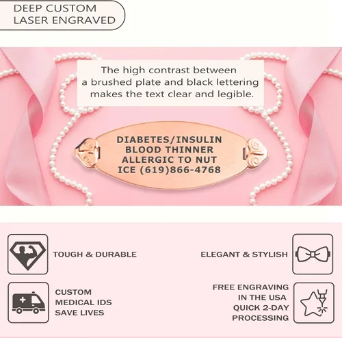 Miniatura 2 de Divoti Lily Pearl - Pulsera de alerta médica con grabado gratuito y etiqueta de ala de ángel estilo y tamaño acero inoxidable Rose gold 13155RGWH-75