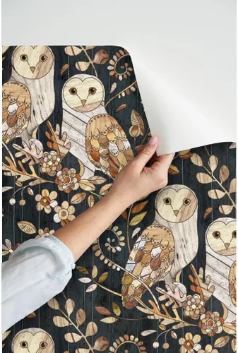 Miniatura 3 de Despegar y pegar papel tapiz Swatch – Collage de búhos grandes búhos madera naturaleza noche moderna casa de campo papel tapiz extraíble