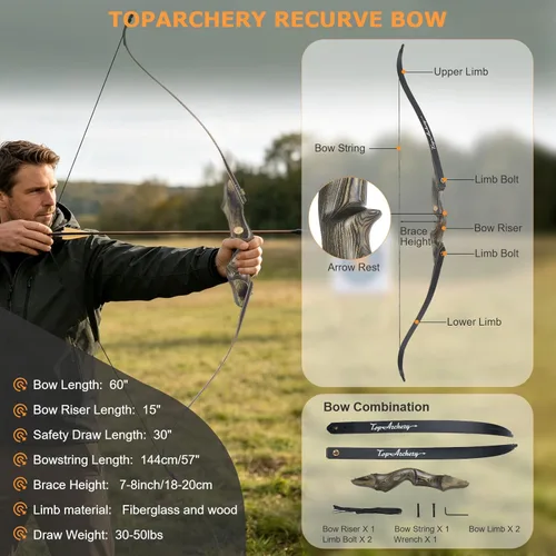 Miniatura 2 de TOPARCHERY 60'' Archery Recurve Bow and Arrow Set for Adult Target Practice Competition Survival Longbow Right Hand 30-50lbs with 6pcs Fiberglass