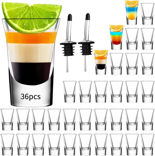 SuproBarware Juego de 36 vasos de chupito de vidrio con base pesada de 1.2 onzas a granel, mini tazas de vino para vodka, whisky, licores, tequila,
