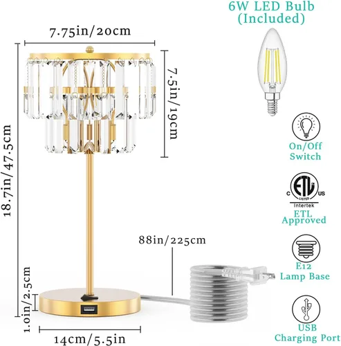 Miniatura 6 de Lámpara de noche para dormitorio, lámpara de mesa de cristal dorado de 18 pulgadas, gotas de cristal transparente Tiffany, puerto de carga USB