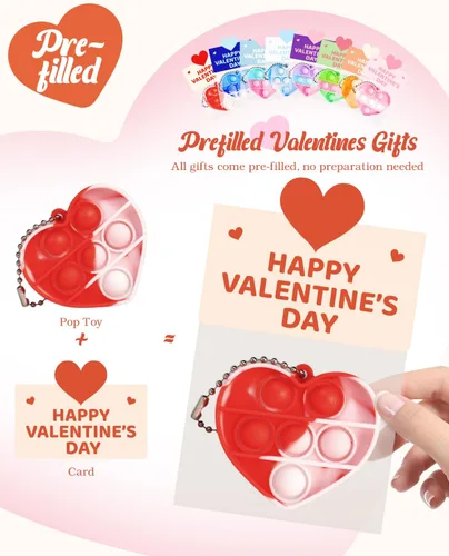 Miniatura 9 de Paquete de 32 juguetes para ansiedad y tarjetas prellenadas para el día de San Valentín para el aula de los niños, mini juguetes