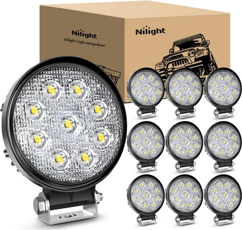Nilight - Barra de luz LED de 10 piezas de 4.5 pulgadas 27W, luz redonda de inundación para todo terreno, luces antiniebla, luces de conducción todo