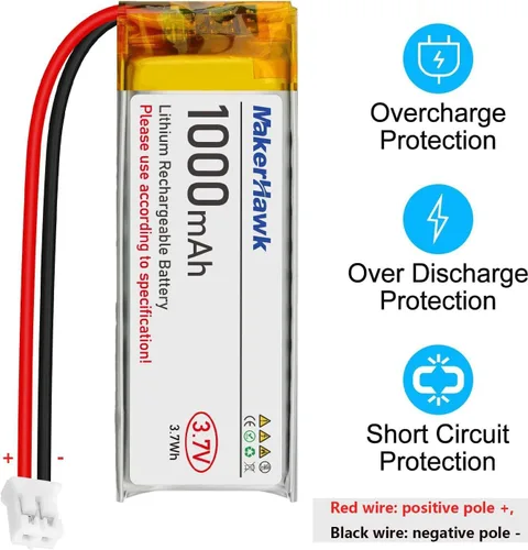 Miniatura 3 de MakerHawk Paquete de 4 baterías LiPo de 3.7 V 1000 mAh recargables 1S 102050 baterías de polímero de litio con placa de protección dual, conector