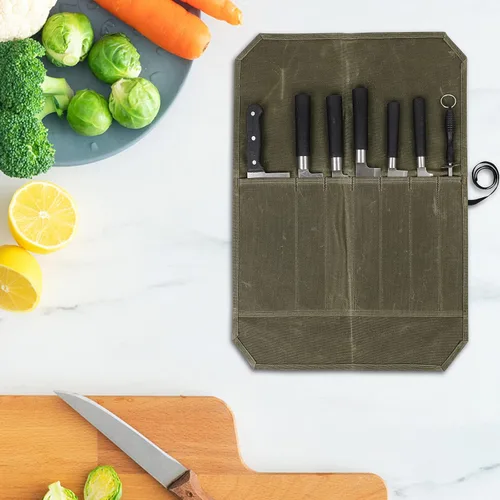 Miniatura 6 de Rollo de cuchillo, bolsa de rollo de cuchillo de chef, estuche de lona encerada para cuchillos con 7 ranuras, envoltura portátil para cuchillos