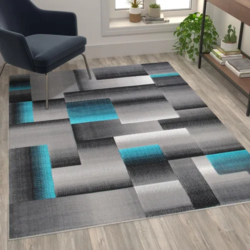 Miniatura 13 de Flash Furniture Elio Collection - Alfombra de área con patrón de bloques de color, alfombra de olefina azul de pelo alto, alfombra de área de 2 x 3