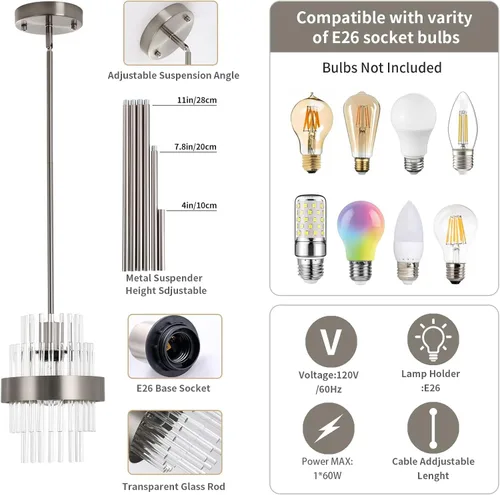 Miniatura 3 de Lámparas Colgantes, Iluminación Colgante de Cristal Moderna de 7 pulgadas, Luces Colgantes de Isla de Cocina de Níquel Cepillado, Iluminación