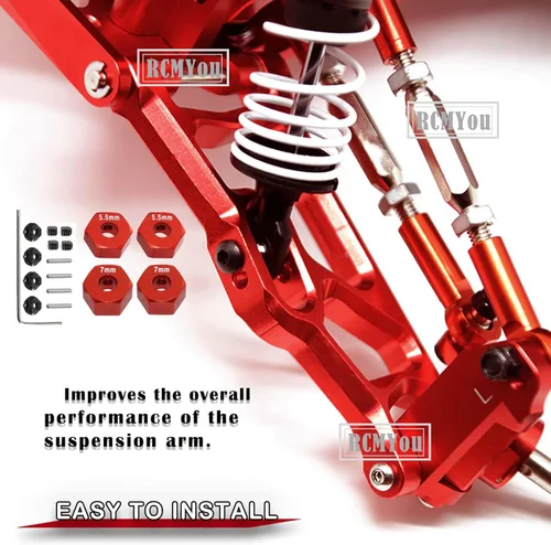Miniatura 5 de Pieza de actualizaciones para barra de 1/10 2WD, brazo de suspensión delantero trasero de aleación, bloque de ruedas, bloques de dirección, Rojo