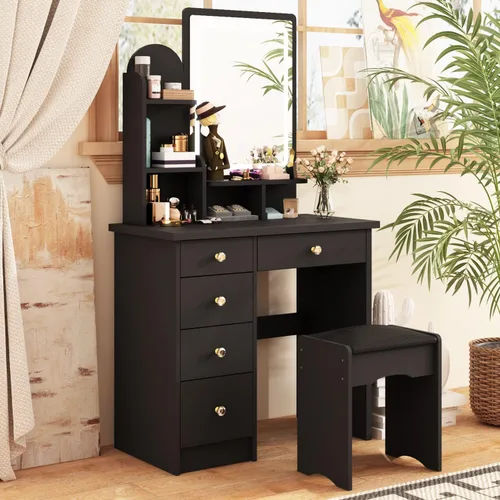 Miniatura 12 de ECACAD Moderno escritorio de maquillaje con espejo iluminado, tocador con 9 cajones, estantes ocultos y espejo plegable, 3 modos de iluminación