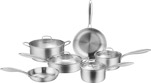Juego de utensilios de cocina de acero inoxidable de tres capas de 10 piezas, listos para inducción, tapas de vidrio, ollas y sartenes, asas