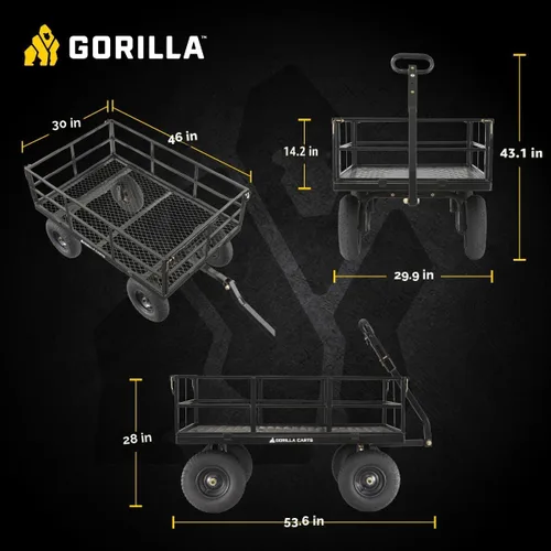 Miniatura 3 de Carro utilitario Gorilla Carts resistente de acero con lados desmontables y neumáticos de 13 pulgadas con capacidad de 1200 lb, Negro