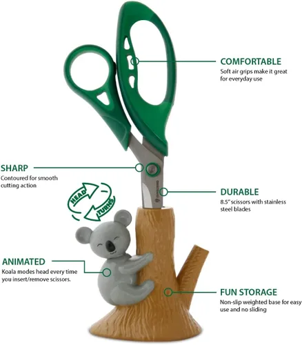 Miniatura 3 de Amazeko Tijeras con soporte de koala animado, hojas de acero inoxidable de 8.5 pulgadas, cómodas asas de agarre de aire suaves, divertida decoración