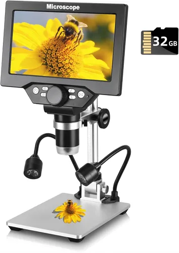 Koolertron Microscopio digital de 12 MP de 7 pulgadas, aumento de 1200X, cámara USB 1080P, tarjeta TF de 32 GB, vista de PC, recargable, luces LED