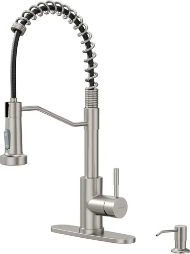 Miniatura 9 de Grifo de cocina dorado cepillado, AIMADI - Grifos de cocina con rociador desplegable, de una sola manija, de un solo orificio, grifo dorado