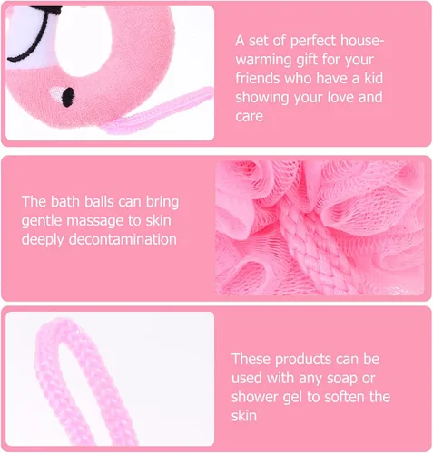 Miniatura 3 de Beaupretty Bolas de baño de flamenco para niños, paquete de 3 esponjas de baño de dibujos animados, esponjas suaves para la ducha, masaje de piel