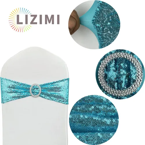 Miniatura 3 de Bandas para Sillas con Lentejuelas Elásticas Lazos de Spandex Poliéster para Fiestas Hotel Bodas Banquetes Decoración - 6 Piezas Aqua Sparkling