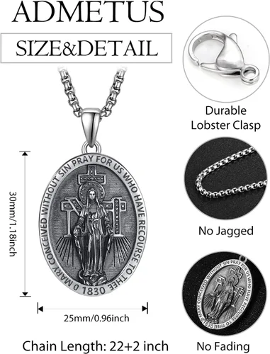 Miniatura 2 de ADMETUS Collar de plata de ley 925 con diseño de santo patrón, collar de amuleto, joyería de cruz para hombre con cadena Rolo de 0.098 in, 22
