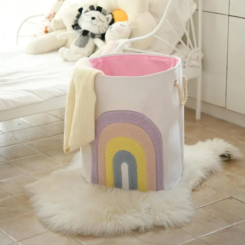 Miniatura 7 de Cesta para Bebé Rosa, Cesta de Lavandería de Lona XL de 58L con Cierre de Cordón, Decoración Boho de Arcoíris