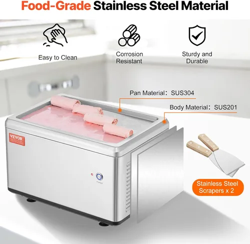 Miniatura 4 de VEVOR Máquina de helado frito, 12.6" x 8.5", 120 W, máquina para hacer rollos de helado salteado con compresor y 2 raspadores, para hacer rollos