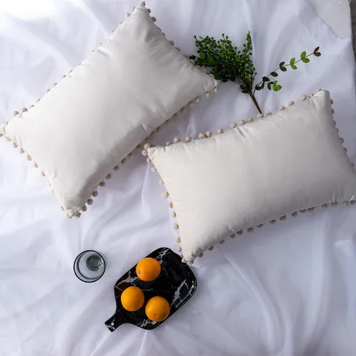 Miniatura 10 de Juego de 2 fundas para cojines decorativos de terciopelo sólido suave con borde de pompones