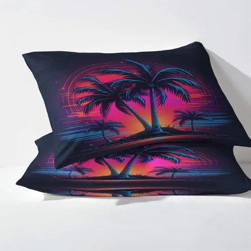 Miniatura 3 de Juego de sábanas de 3 piezas con diseño de palmera de neón con plantas tropicales, sábanas y fundas de almohada estampadas, sábana bajera ajustable