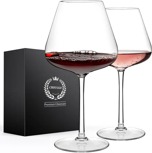 Chouggo Juego de 2 copas de vino supergrandes de 28 onzas, cristal soplado a mano para vino tinto o vino blanco Burgundy, hechas a mano por