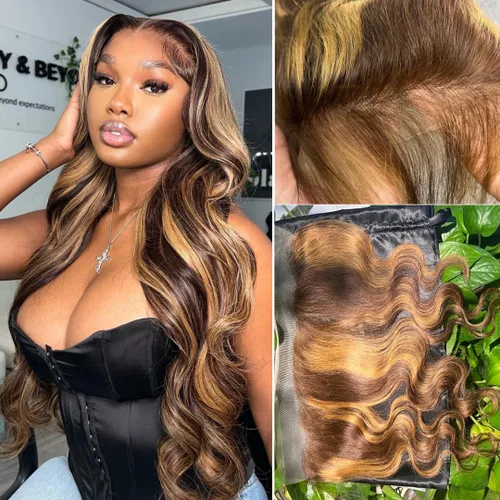 Miniatura 35 de ALHER Long Deep Part 2x6 Closure Body Wave Honey Blonde Highlight, Ombre Brown and Blond 2x6 Kim K Transparent HD Lace Closure Pre Plucked With Baby