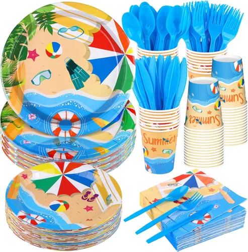ADXCO Juego de vajilla de verano de 192 piezas para fiesta en la piscina, incluye platos, servilletas, vasos, tenedores, cuchillos, cucharas para