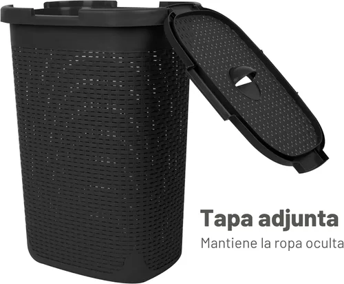 Miniatura 5 de Mind Reader Cesta delgada para ropa sucia de 60 L, cesta de ropa, tapa, diseño de mimbre, plástico, 17.65 pulgadas de largo x 13.75 pulgadas de Negro