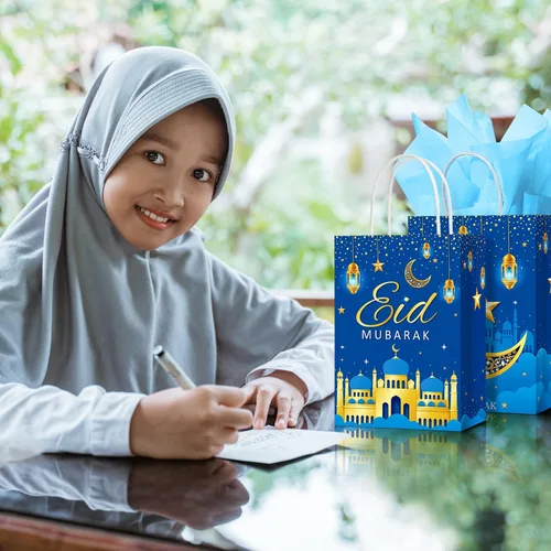 Miniatura 6 de Censen 16 juegos de bolsas de regalo de Eid Mubarak con papel de seda, bolsas de golosinas de Ramadán para suministros de fiesta de Ramadán (azul)