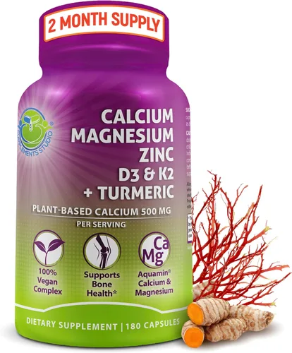 Calcio a base de plantas 500mg (Aquamin) – Calcio vegano, magnesio y zinc con vitamina D3 y vitamina K2 y cúrcuma orgánica – Mejora la salud y la