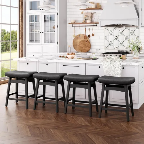 Miniatura 21 de ALPHA HOME Taburete de bar, taburete de cocina de silla de montar de madera maciza con cojín de tela de lino beige, taburete de bar de altura