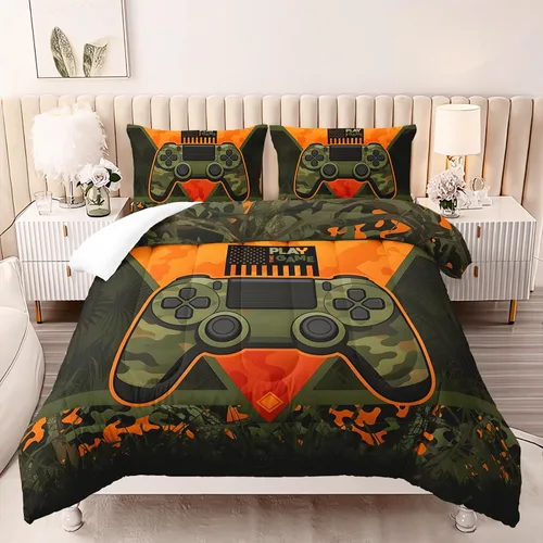 Miniatura 6 de AILONEN Juego de edredón de camuflaje para videojuegos, tamaño Queen, ropa de cama de microfibra con diseño de controlador de 3 piezas