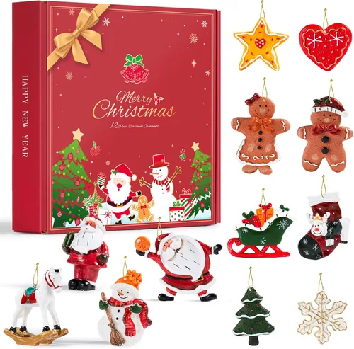 Juego de 12 adornos grandes de Navidad, decoraciones colgantes de resina para árbol de Navidad, figuras surtidas de Papá Noel, muñeco de nieve,