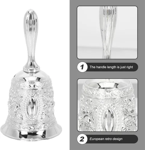 Miniatura 5 de Vaguelly Campana de mano decorativa pequeña de 4.52 x 2.08 x 2.08 pulgadas, accesorio de instrumento musical plateado para escuela, educación, Plata