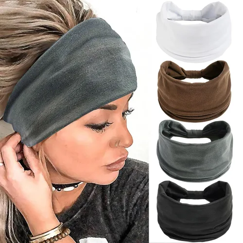 Paquete de 4 diademas anchas para mujer, color negro, elegante, elástica, anudada, turbante de humedad, para entrenamiento, bandas para el sudor,