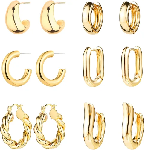 Juego de 6 pares de aretes de aro de oro para mujer, chapados en oro de 14 quilates, hipoalergénicos, ligeros, gruesos, abiertos, joyería para regalo