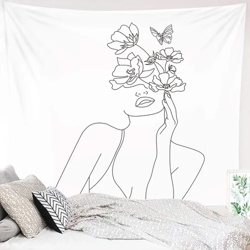 Miytal Art Line - Tapiz estético para colgar en la pared, diseño de flores y mariposas, moderno, minimalista, abstracto, creativo, decoración de