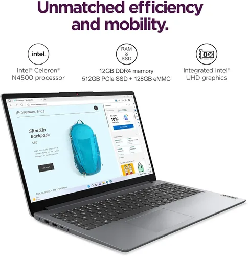 Miniatura 2 de Lenovo IdeaPad 1i - Laptop HD de 15.6 pulgadas (12 GB de RAM, SSD de 512 GB + eMMC de 128 GB, Microsoft Office 365, Intel Celeron N4500)