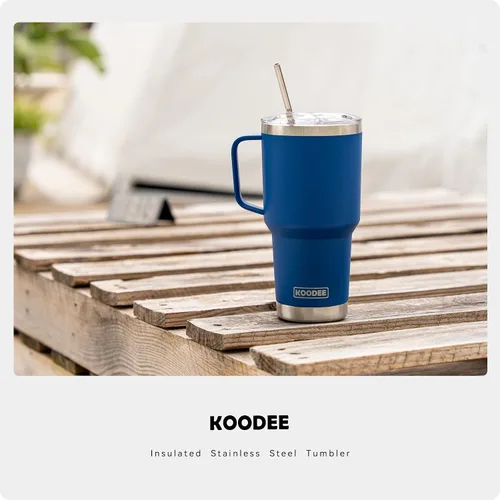 Miniatura 7 de koodee Vaso con asa, vaso de acero inoxidable de 30 onzas con aislamiento de doble pared con tapa y pajita, vaso de café para hombres y mujeres azul