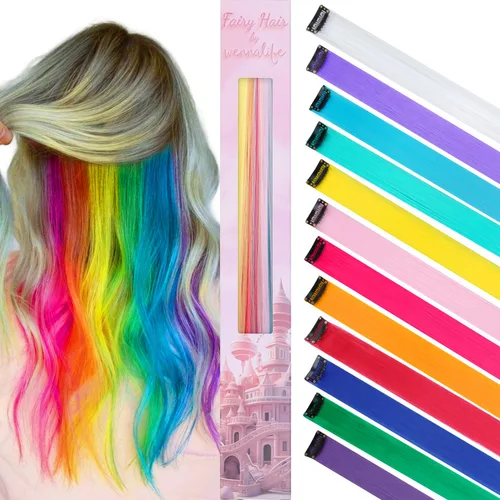 Miniatura 25 de Wennalife 12 piezas de extensiones de cabello azul con clip, extensiones de cabello con clip de colores para niños, pinzas de cabello arcoíris