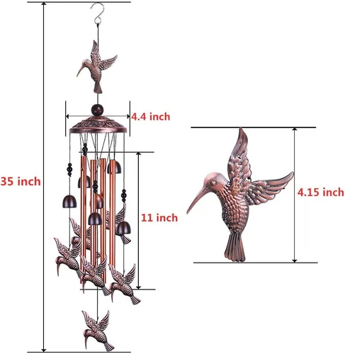 Miniatura 3 de Campanillas de viento de colibrí para jardín, decoración al aire libre, con 4 tubos, 6 campanas, 7 colibríes, captador de viento romántico
