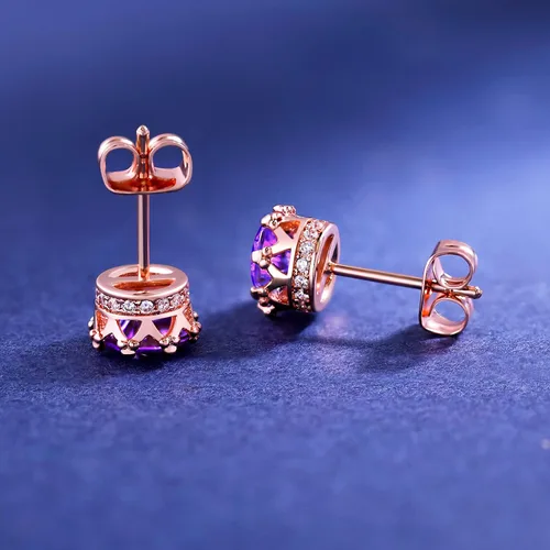 Miniatura 45 de MDFUN Aretes chapados en oro rosa para mujer, 0.236 in, corona brillante redonda, piedra natal, regalo de cumpleaños