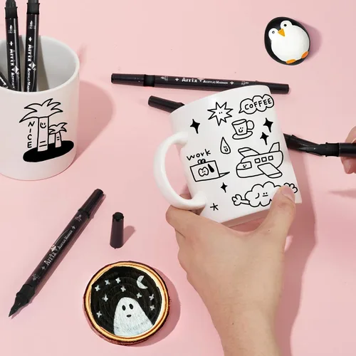 Miniatura 5 de Arrtx Paquete de 8 rotuladores de pintura negra de doble punta, marcadores de pintura acrílica grafiti negros para pintar sobre roca, papel, madera