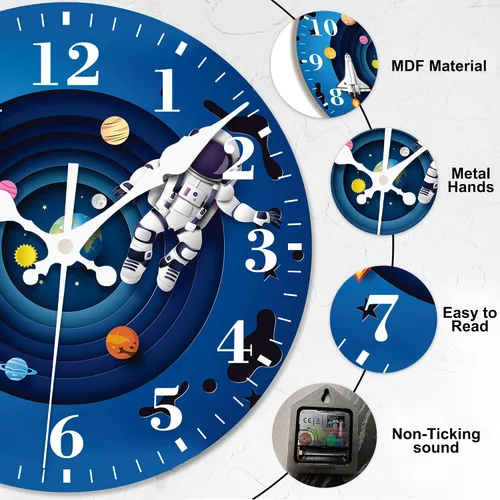 Miniatura 2 de Reloj de pared, astronauta y planetas espaciales, silencioso, sin tictac, funciona con pilas, redondo, decorativo, para interiores y exteriores
