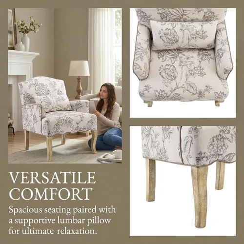 Miniatura 5 de Shunzhi Sillas de Acento Florales Estilo Granja Sillón Tapizado de Lino Silla de Lectura Moderna de Mediados de Siglo Sofá Individual con Almohada