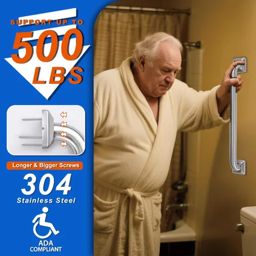 Miniatura 5 de Barras de Agarre para Baño de Acero Inoxidable, Pasamanos ADA Compatible, 500lbs para Bañeras y Duchas, Asa de Inodoro de Seguridad